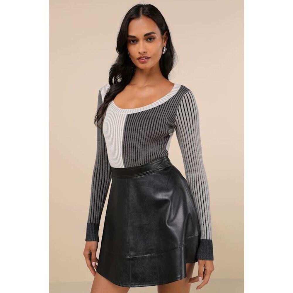 Lulus Mod Cutie Grey Color Block Ribbed Long Sleeve Bodysuit - Size S